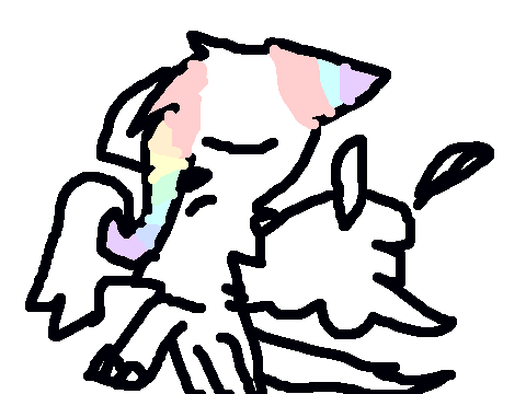 Rainbowfeather's wings are broken and her rainbow hair is fading because of the never ending roller 