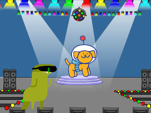 dancing doge with dinosaur