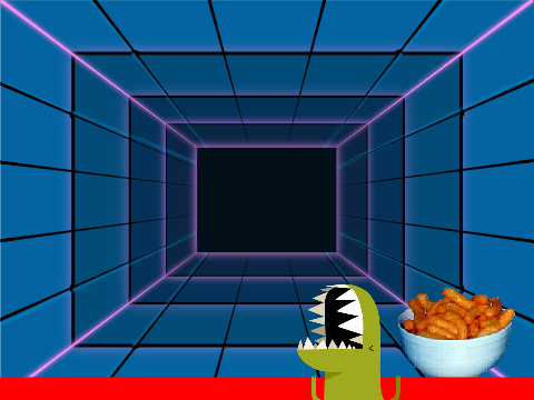 Dinosaur eating Cheetos in hyperspace.