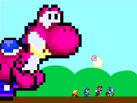 Add a video game character running from yoshi