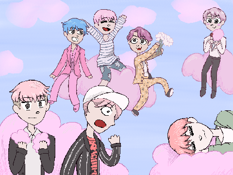 bts on pink clouds ´• ﻌ •`
