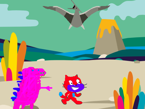 Cat running from T-rex