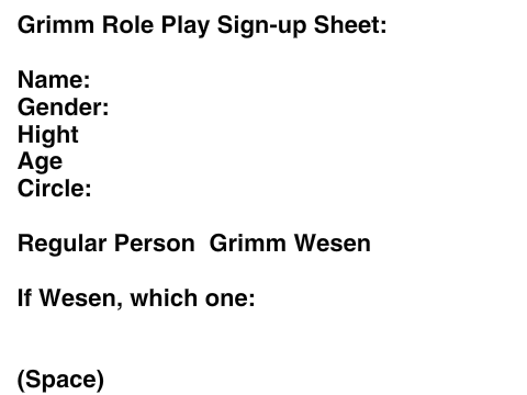 Grimm Role Play Sign-up Sheet