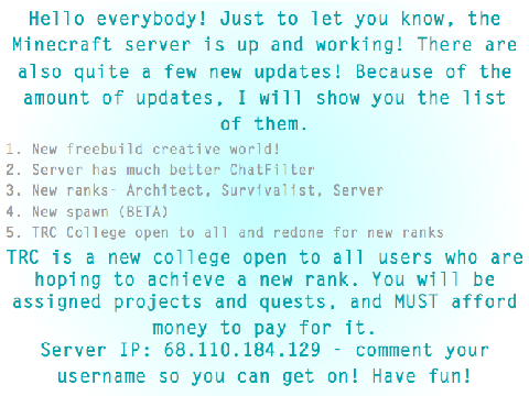 MC Server back up! + Updates!? :O