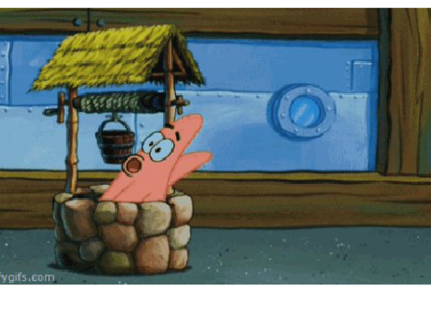 Patrick falls down the Krusty Krab's wishing well while I play un-fitting music.