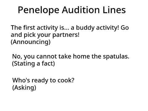 Auditions for Penelope, Wintergreen and Charlotte