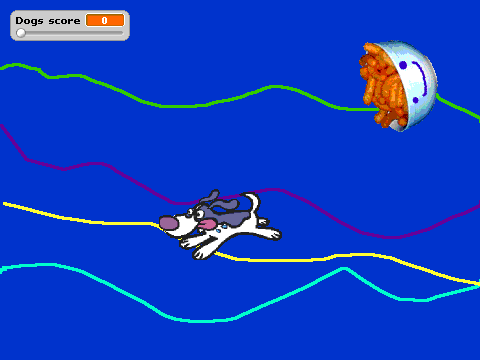 Dog chasing cheesypuffs
