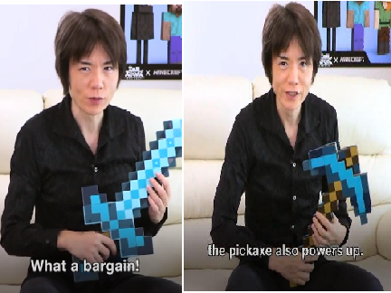 Sakurai holding a diamond sword and pickaxe