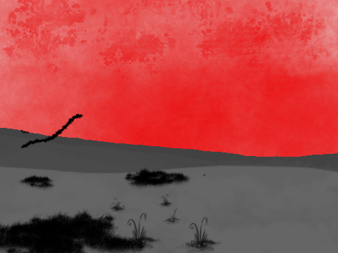 A monochrome field under a red sky.