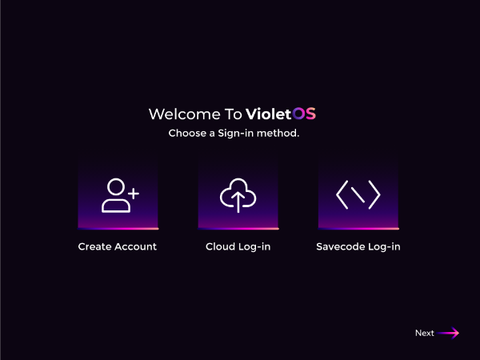 vOS Login/setup slides (light mode, theme, sign in, language) 