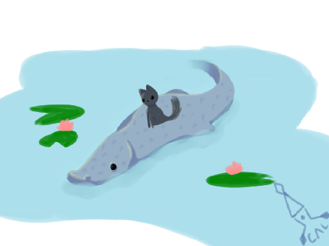 Cat riding alligator