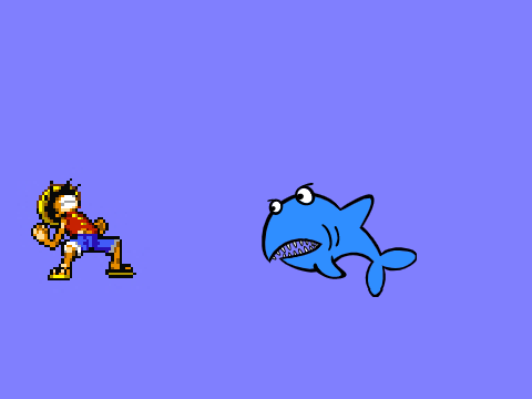 Luffy destroys evil shark. 