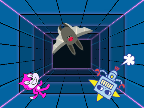Spinning bat, a robot, and a cat.