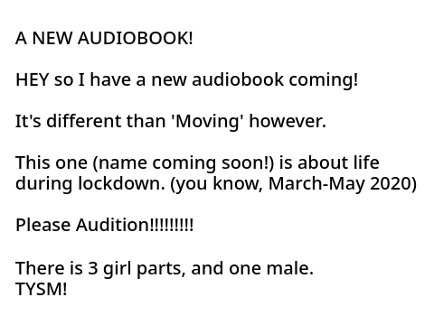 (OPEN) March 2020-May 2020 Audiobook