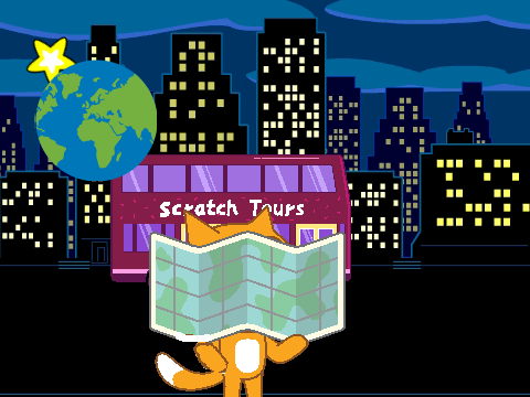 Scratch Cat studies the map (interactive postcard)