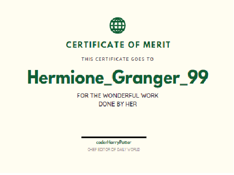 Certfifcate for Excellence to @Hermione_Granger_99