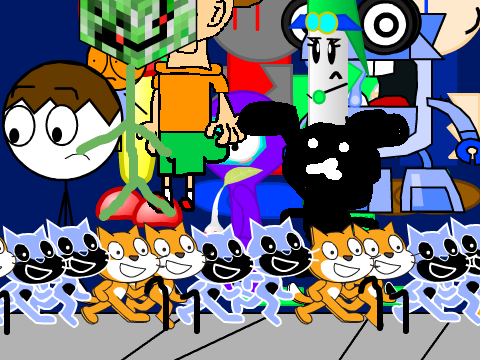 Add yourself at a sidewalk waiting for alot of scratch cats remix remix remix