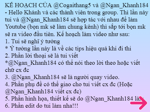 Kế hoạch của @Cogaithang5 và @Ngan_Khanh184