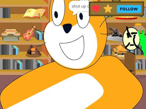 A cat singing Never Going To Give You Up in the library (bad choice)