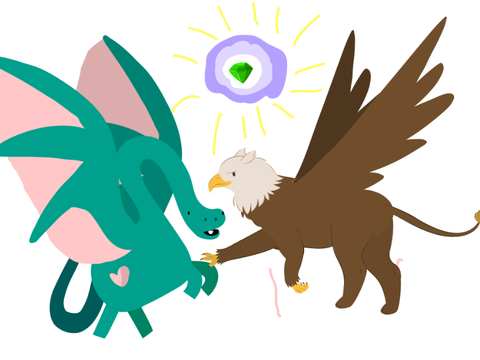 Dragon and griffin are fighting over an emerald 