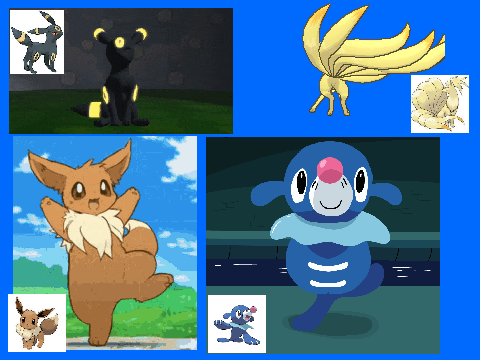 Umbreon Eevee Popplio and Ninetales all dancing