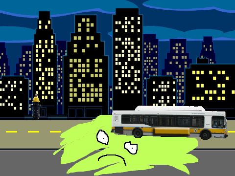 Dinosaur gets hit by a bus
