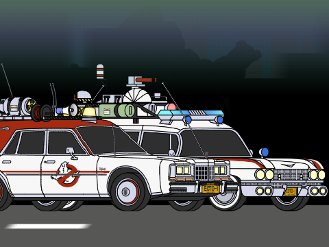 ECTO-1's rolling alongside each other