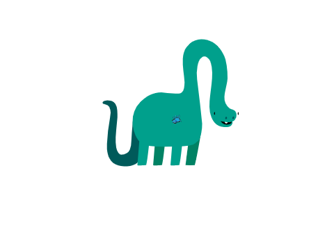 small dog bouncing around while a dinosaur watches it 