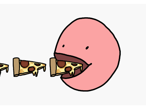 pink blob eating pizza