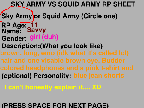 Sky Army vs Squid Army Roleplay Sheet (Savvy)