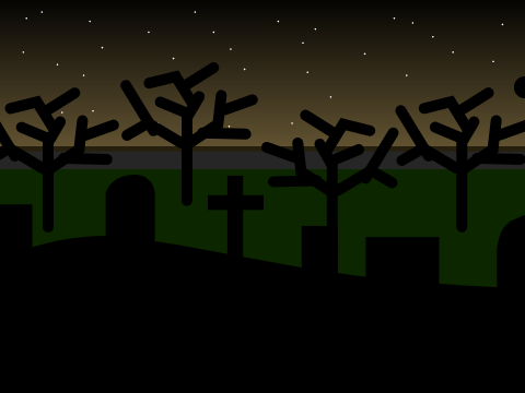 Nighttime intermodal train past dark cemetery