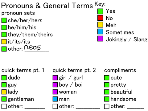 Terms & Pronouns Sheet