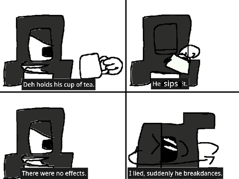 Deh holds his cup of tea.