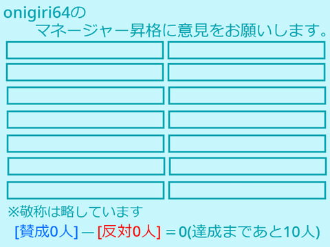 onigiri64のマネージャー昇格に意見をお願いします。 