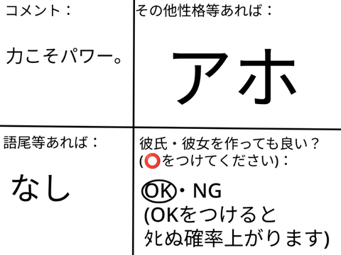 新アニメ「死神げーむ」キャラ募集シート例