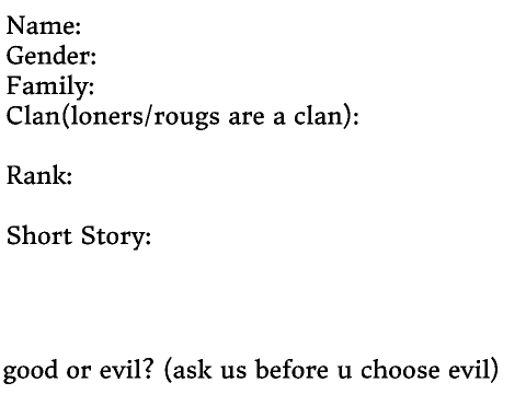 Cats of Starshine Forest RP sign up sheet