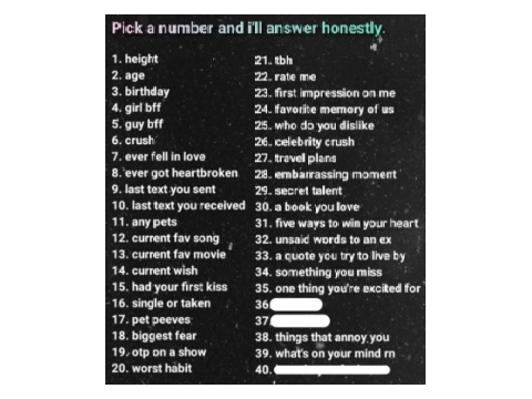 PICK A NUMBER AND ILL ANSWER HONESTLY!!!!!!!!!!!!!!