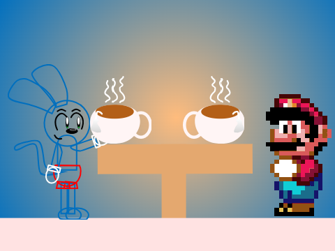 Riggy and me enjoying some tea but riggy is outlines for some reason