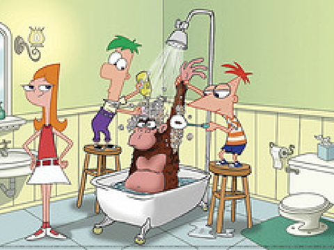 Phineas and Ferb theme song but all they are doing is giving a monkey a shower
