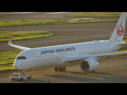 西日に輝くA350